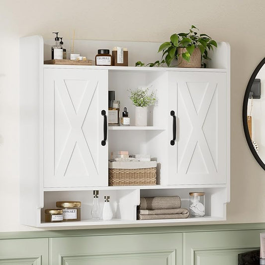 White Bathroom Wall Cabinet, Wall Mount Storage Cabinet, Floating Medicine Cabinet with 4 Open Shelves and 6 Deep Cabinets Over The Toilet for Laundry Room, Kitchen