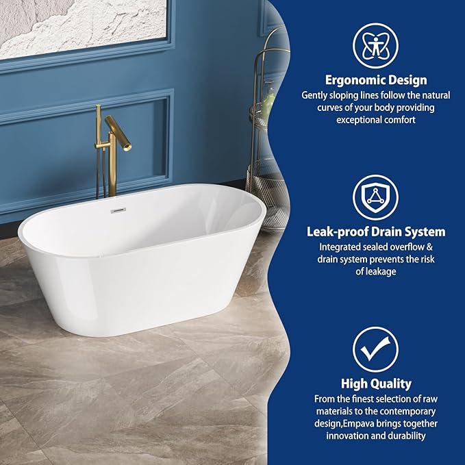 Sarlai 59 Inch Acrylic Freestanding Soaking Bathtub Contemporary Soaking White Tub Stand Alone Ergonomic Bathtub with Chrome Overflow and Drain