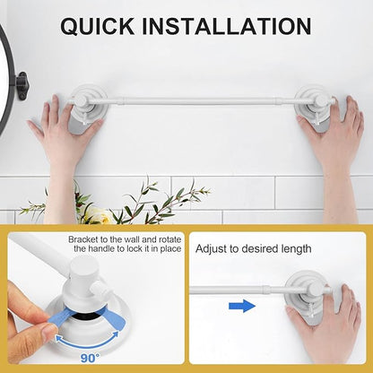 Suction Cup Towel Bar for Shower, 15.75''-25.6'' Adjustable Stainless Steel Towel Holder, Heavy Duty Suction Towel Rack with Powerful Vacuum Adsorption for Bathroom, Kitchen, RV, and Renters (White)