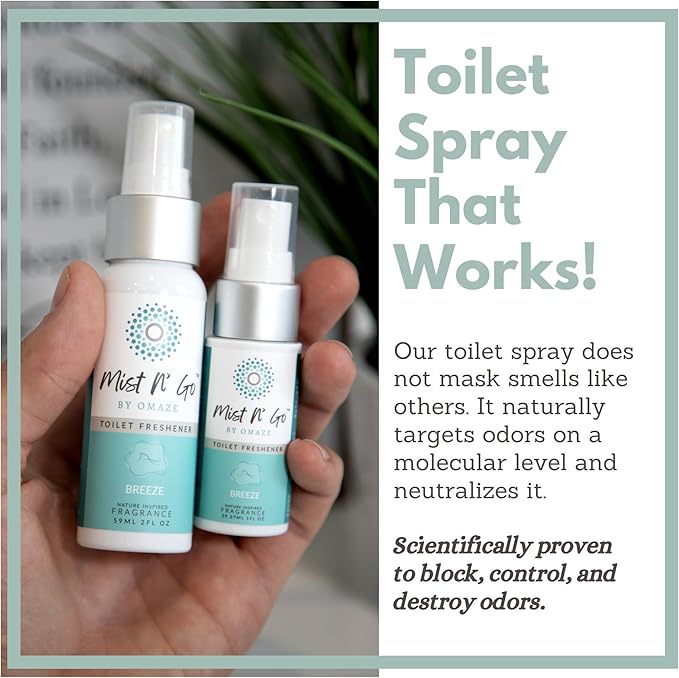 Mist N’ Go by Omaze Travel Bathroom Spray for Toilet Spray Odor Eliminator - Travel Toilet Spray for Bathroom Air Freshener Spray for Bathroom Deodorizer - Breeze Travel Size (1oz x5)