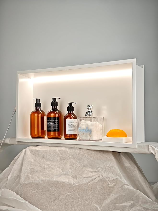 24"x12" Lighted Shower Niche ，Stainless Steel Waterproof Shower Storage with Lighting ，No Tile Needed ，Matte White （ 24 x 12 in）