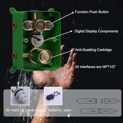 Shower System Chrome Shower Set, Push Button Shower Faucet with 2 Rain Shower Head(12+8 inch), Handheld Shower, with Digital Temperature Display Function