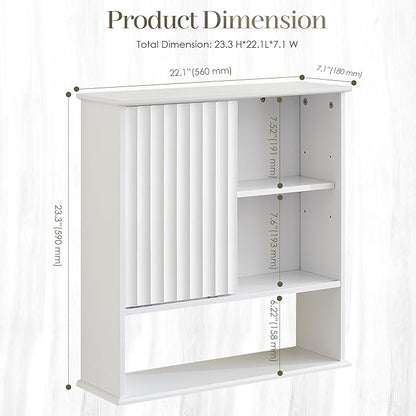 22.5 x 23.5 inch Bathroom Wall Cabinet, Medicine Cabinet Wall Mounted w/Fluted Sliding Door Adjustable Shelf White Storage Cabinet Organizer for Kitchen Dining Room Living Room