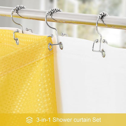 3 in 1 Stall Half Size Yellow Shower Curtain Set-36 W x 72 H, Modern Waffle Waterproof Fabric and PEVA Liner Set with Stainless Steel Hooks