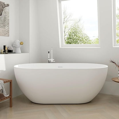 SJ STAR&JANE 59" Solid Surface Freestanding Bathtub, Matte White Oval Soaking Stone Resin Tub with Overflow and Pop-up Drain for Modern Bathrooms