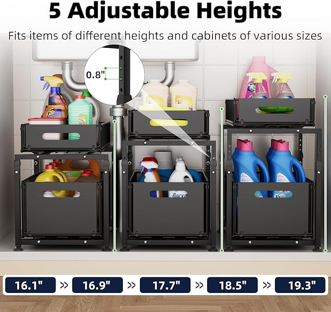 MIKEE Under Sink Organizer, 2 Tier Under Sink Organizers and Storage,Bathroom Cabinet Organizer with Adjustable Height, Pull Out Sink Shelf Cabinet Storage Shelves for Kitchen& Bathroom, Black