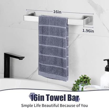 16 in Matte Bathroom Accessories Set, Bath Towel Bar Set, Stainless Steel Bathroom Hardware Set, Towel Racks for Bathroom Wall Mounted 5 Pcs（Silvery）