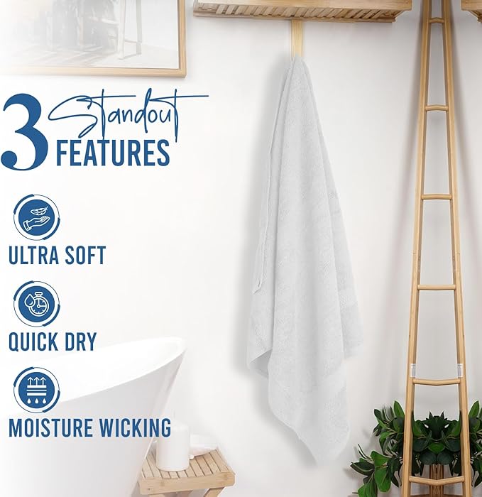 RIVERSIDE 100% Ring Spun Cotton Large Bath Towels Set of 4, 27 x 54 Inches – Quick Dry, Soft & Highly Absorbent Towels for Shower & Bathroom – Luxury 600 GSM Towels for Home, Spa, Gym, Hotel, White
