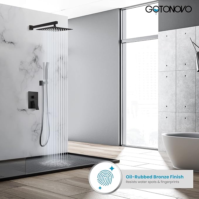 gotonovo Rainfall Bathroom Shower System Rain Shower Head and Handle Set Wall Mounted Shower Complete Combo Solid Brass Pressure Balancing Shower Mixer Valve 12 Inch Oil Rubbed Bronze
