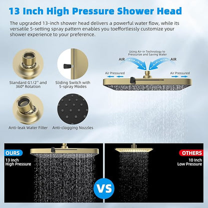 Hibbent High Pressure 13'' Dual Shower Head Combo with 10-mode Handheld Spray, Upgraded Rainfall 5-spray Shower Head, 12'' Adjustable Extension Arm, 71'' Hose, Showerhead Holder, Brushed Gold