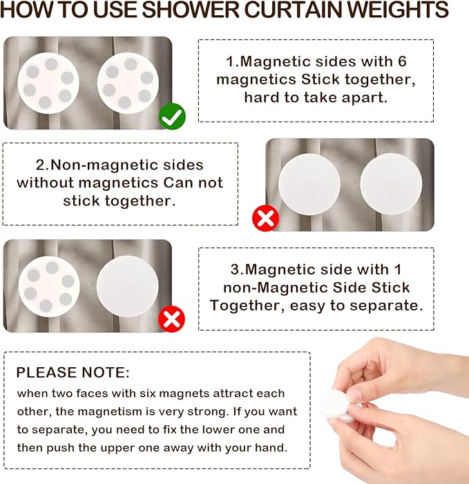 12 Pack Shower Curtain Weights, Rubber Covered Magnetic Curtain Weights, Shower Magnets for Curtain Liner Prevent from Blowing Around, Work for Drapery, Flag, Tablecloth (6 Pairs)