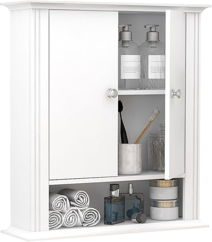 White Wall Cabinet, Over The Toilet Storage Cabinet, Bathroom Cabinet Wall Mount, 2 Doors & Hooks, Medicine Cabinet Organizer, Hanging Wall Cabinet Cupboard for Kitchen Laundry Room White
