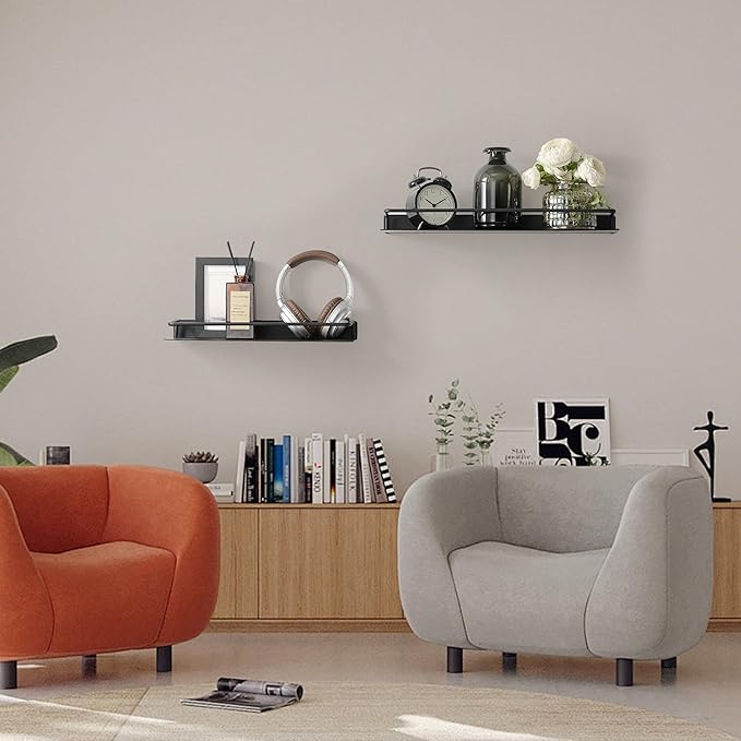 Metal Wall Shelf, Metal Floating Shelf, Black Floating Shelf, Small Shelf for Wall, Display Shelves for Bathroom Bedroom Kitchen (Black, 16Inch)