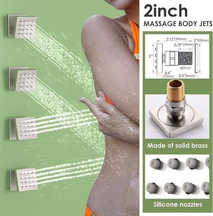 Enga Rain Shower System with Body Jets, 12" Ceiling Rain Shower, All Metal Multiple Shower Head System, Contain Rough-in Shower Valve, Brushed Nickel