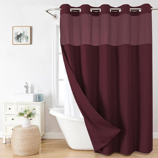 No Hooks Needed Linen Textured Shower Curtain with Snap-in Fabric Liner Set,Hotel Luxury Decor Shower Curtains for Bathroom with Mesh Top Window,Waterproof & Washable,71Wx74H,Burgundy