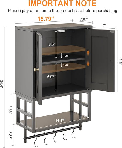 Farmhouse Medicine Cabinet - 3-Tier Wall Mounted Storage Organizer with Adjustable Shelves, Towel Bar, 5 Hooksfor Small Bathroom, Laundry Room, Over Toilet, Living Room, Bedroom (Black)
