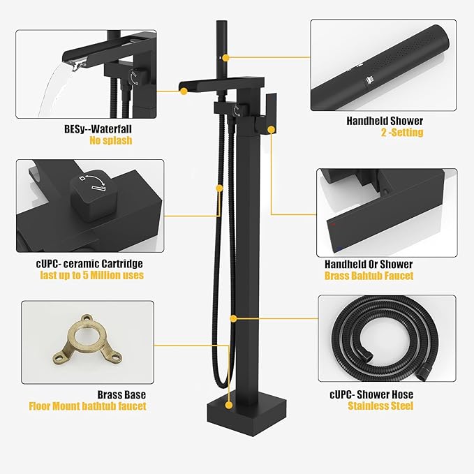 BESy Tub Filler Freestanding Bathtub Faucet Free Standing Tub Faucet Matte Black Floor Mount Bathroom Tub Faucets Bath Faucets with 2 Function Handheld Sprayer