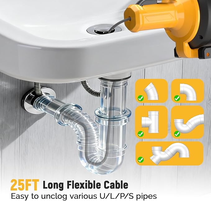 Electric Drain Auger, 21V Cordless Drain Snake, 25Ft Auto-Feed Snake Drain Hair Removal Tool with 2.0Ah Battery, Sink Snake Drain Cleaner for Sewer, Kitchen, Shower 3/4"-2.95" Pipes(Bag&Gloves&Rag）