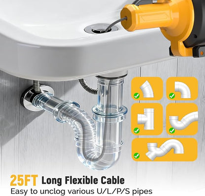 Electric Drain Auger, 21V Cordless Drain Snake, 25Ft Auto-Feed Snake Drain Hair Removal Tool with 2.0Ah Battery, Sink Snake Drain Cleaner for Sewer, Kitchen, Shower 3/4"-2.95" Pipes(Bag&Gloves&Rag）
