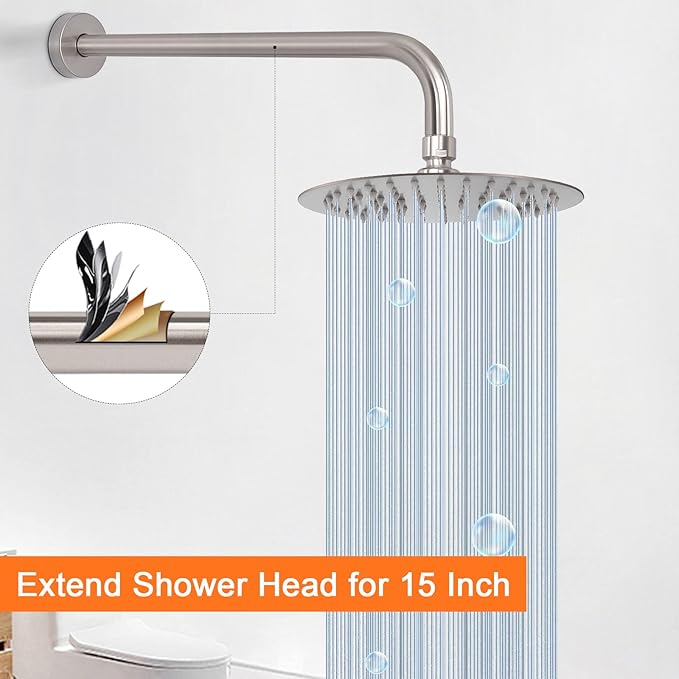 HarJue Shower Arm with Flange and Teflon Tape, Wall Mounted Shower Pipe 304 Stainless Steel Extension Arm for Fixed Shower Head & Handheld (15 Inch, Brushed Nickel)