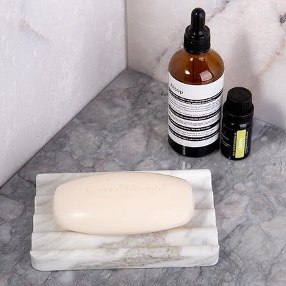 2PCS Koville Italian Natural Marble Soap Dish for Shower, Multi-Color Stone Soap Tray for Bathroom, Bar Soap Holder for Sink, Stripe Grooves Soap Saver Sponge Holder (White/Brown Random)