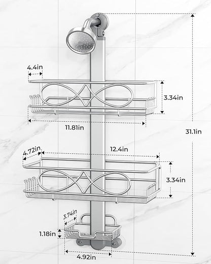 ODesign 2 Tier Stainless Steel Anodized Aluminum,Height-Adjustable Rustproof Shower Caddy Hanging Anti-Swing-Over The Shower Head Caddy-Bathroom Showe r Storage Organizer With Soap Box Holder- Sliver