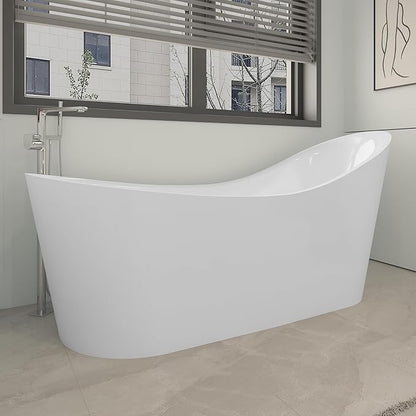 67" Freestanding Soaking Slipper Bathtub, WHALEKING Luxury Stand Alone Free Standing Deep Acrylic Tub with Chrome Overflow and Drain, Glossy White