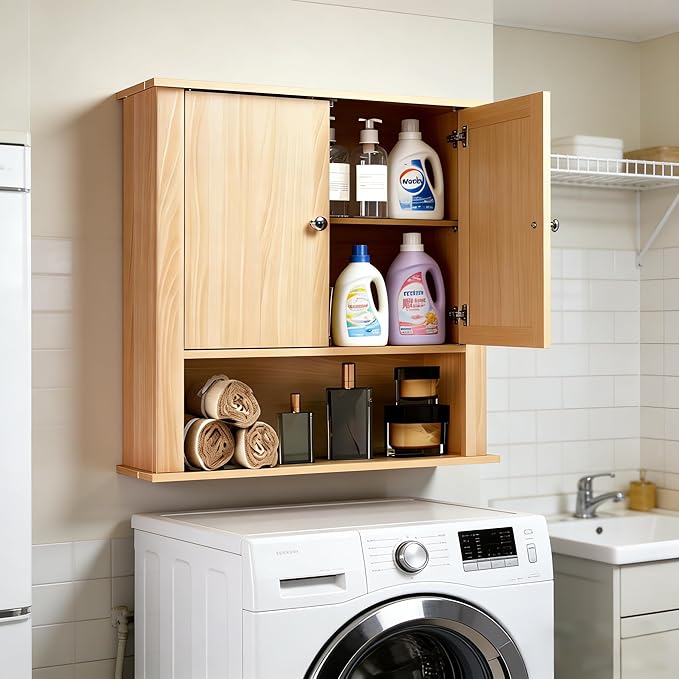 Bathroom Cabinet Wall Mount, Over The Toilet Storage Cabinet, Medicine Cabinet with 2 Doors, Bathroom Storage Cabinet, Upper Storage Cabinets for Kitchen Laundry Room (Nature)