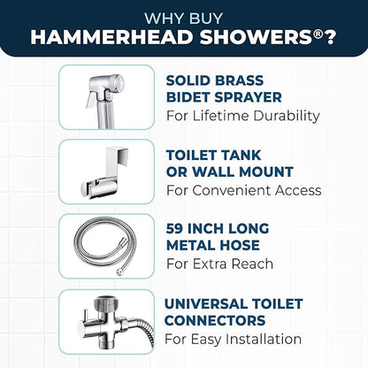 HammerHead Showers Solid Metal Handheld Bidet Sprayer for Toilet, Handheld Bidet Attachment with 59-Inch Hose and Leak-Proof T-Valve, Jet Spray for Toilet, Muslim Shower, Chrome