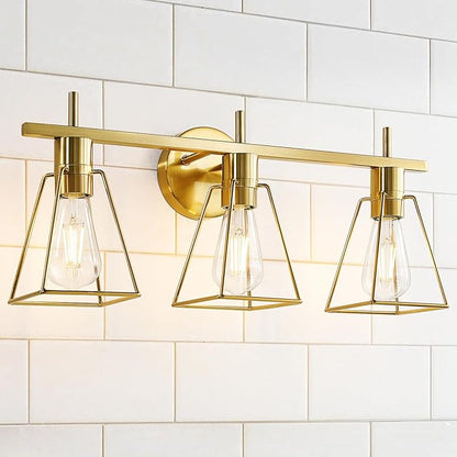 Industrial Bathroom Vanity Lights: 3 Lights Brushed Gold Vintage Metal Cage Wall Lamps - Rustic Farmhouse Lightning Fixture Over Mirrors Cabinet for Dressing Hallway