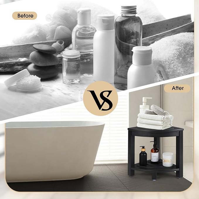 HDPE Corner Shower Stool,Shower Bench Seat with Storage Shelf for Shaving Legs Plastic Spa Bath Step Foot Rest for Bathroom Small Place (Black)