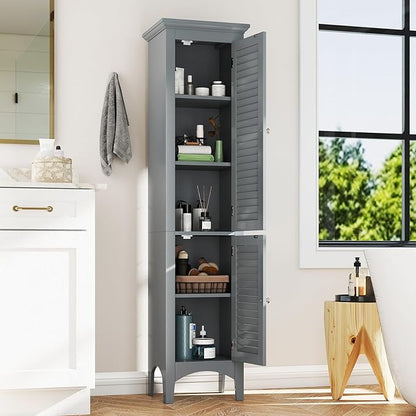 Tangkula 63" Tall Bathroom Storage Cabinet, Freestanding Narrow Linen Tower with Adjustable Shelf, Modern Slim Floor Cabinet with 2 Doors for Bathroom, Living Room, Kitchen (Grey)