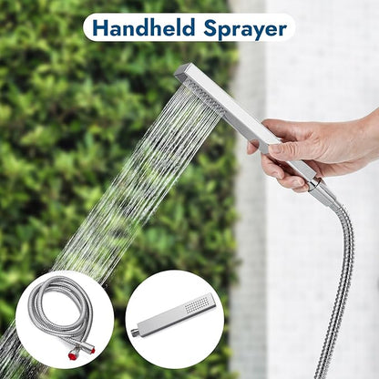Wall Mount Outdoor Shower Kit Polish Chrome 6" Square Rainfall Shower Head with Hand Held Spray Double Cross Handles with Adjustable Slide Bar Exposed 2 Function Shower Faucet Fixture