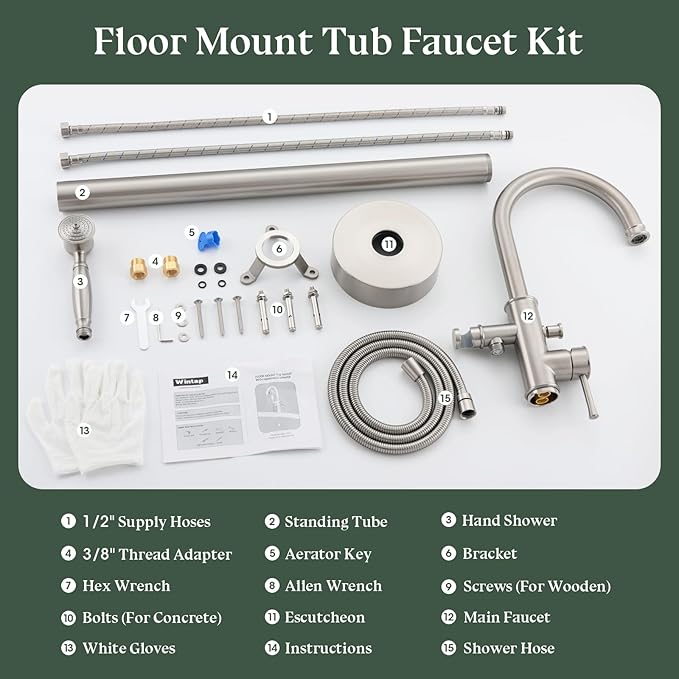 Free Standing Tub Faucet, Wintap Classic Freestanding Bathtub Faucet with Sprayer Brass Elegant Floor Mount Bath Faucets High Flow Roman Tub Filler, Brushed Nickel （WT-3311BN）