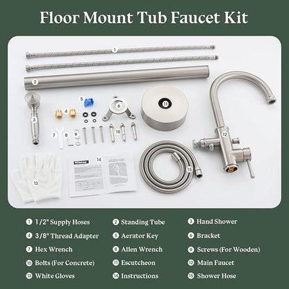 Free Standing Tub Faucet, Wintap Classic Freestanding Bathtub Faucet with Sprayer Brass Elegant Floor Mount Bath Faucets High Flow Roman Tub Filler, Brushed Nickel （WT-3311BN）