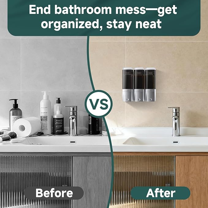 Shampoo and Conditioner Dispenser Wall Mounted No Drill, Shower Soap Dispenser 3 Chamber Shampoo Conditioner Body Wash Refillable 3 * 17oz Shower Soap Dispenser for Bathroom Hotel, Silver+Smoke Gray