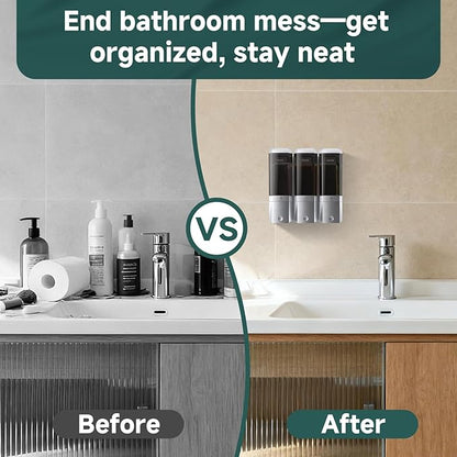 Shampoo and Conditioner Dispenser Wall Mounted No Drill, Shower Soap Dispenser 3 Chamber Shampoo Conditioner Body Wash Refillable 3 * 17oz Shower Soap Dispenser for Bathroom Hotel, Silver+Smoke Gray