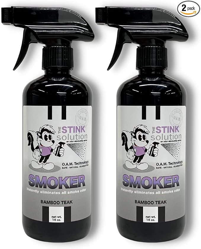 The Stink Solution Smoke Odor Eliminator Spray - Completely Remove Smoke Smell From House, Car, Clothes, Hands, Hair, & More - Best Odor Eliminator For Smoke - Bamboo Teak Fragrance - 2 16 oz Bottles