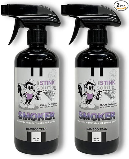 The Stink Solution Smoke Odor Eliminator Spray - Completely Remove Smoke Smell From House, Car, Clothes, Hands, Hair, & More - Best Odor Eliminator For Smoke - Bamboo Teak Fragrance - 2 16 oz Bottles
