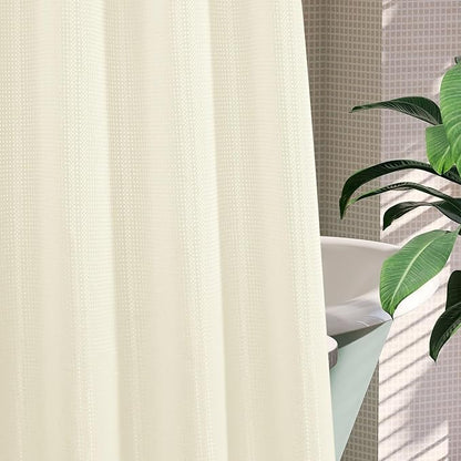 MitoVilla No Hooks Needed Extra Long Shower Curtain Liner Set, Ivory 86 inch XL Heavyweight Waffle Fabric Cloth Shower Curtains Set with Snap-in Liner for Modern Luxury Hotel & Spa Bathroom Decor