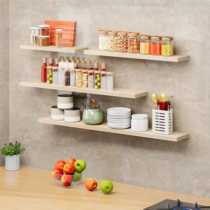 SAUMONIERES Floating Shelves 8 Inch Deep Solid Wood Wide Wall Shelf Set of 2 Wall Mounted for Bedroom Bathroom Living Room Kitchen, 24 Inch Natural