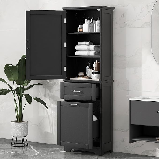Favfurish 68" Tall Bathroom Storage Cabinet with Door and 2 Drawer,Modern Linen Cabinets w/Adjustable Shelf & Magnetic Door Stopper,Freestanding Organizer for Bath Room,Study,Office,Kitchen Black