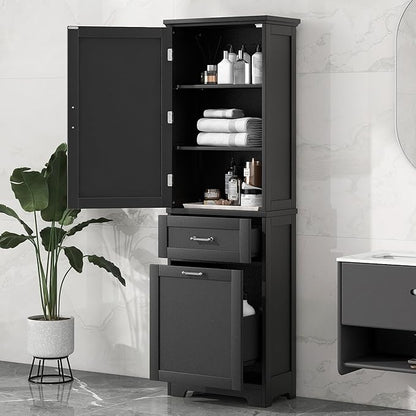 Favfurish 68" Tall Bathroom Storage Cabinet with Door and 2 Drawer,Modern Linen Cabinets w/Adjustable Shelf & Magnetic Door Stopper,Freestanding Organizer for Bath Room,Study,Office,Kitchen Black