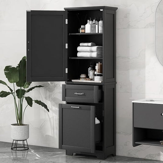 Favfurish 68" Tall Bathroom Storage Cabinet with Door and 2 Drawer,Modern Linen Cabinets w/Adjustable Shelf & Magnetic Door Stopper,Freestanding Organizer for Bath Room,Study,Office,Kitchen Black