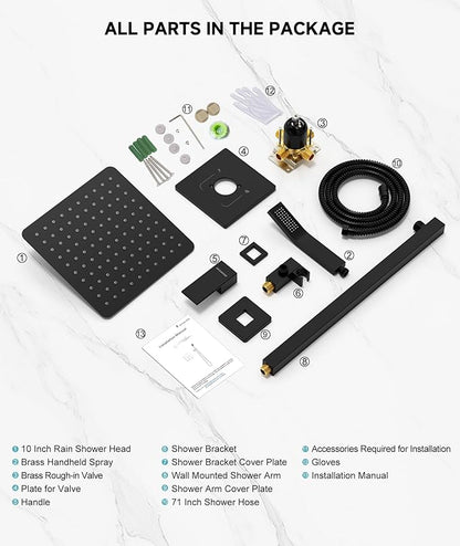 SR SUN RISE Shower System Bathroom 10 Inch Rainfall Shower Head & Handle Set Wall Mounted Rain Shower Faucet Set Matte Black