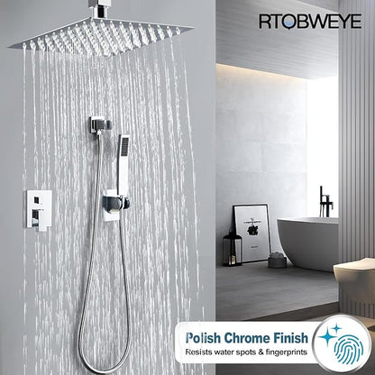 10 Inch Ceiling Mount Shower Faucet Set, Silver Rainfall Shower System with Valve Trim, Square Rain Shower Spray Combo Luxury Shower Fixtures Polish Chrome Shower Head and Handle Set