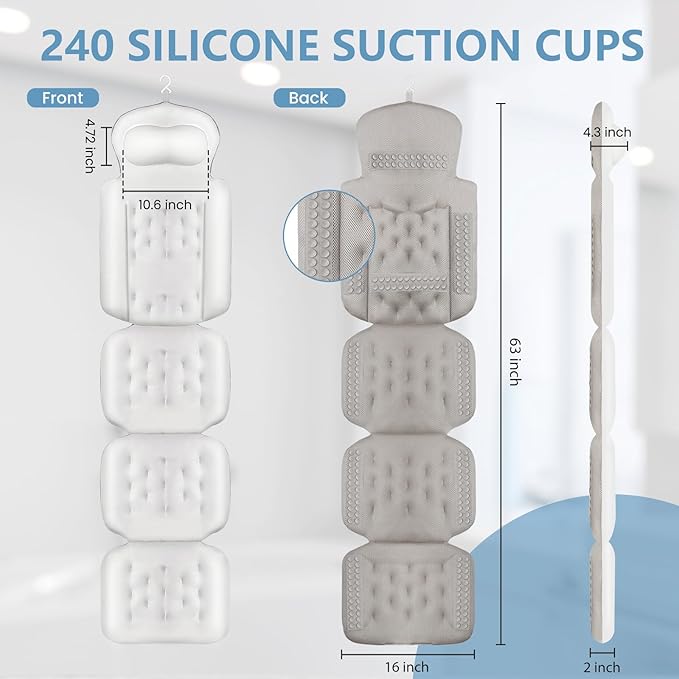 Full Body Bath Pillow, Luxury Bath Cushion with 192 Suction Cups, Bath Pillows for Tub for Head and Neck Support, with Laundry Bag White, 63" x 16"