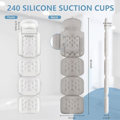 Full Body Bath Pillow, Luxury Bath Cushion with 192 Suction Cups, Bath Pillows for Tub for Head and Neck Support, with Laundry Bag White, 63" x 16"
