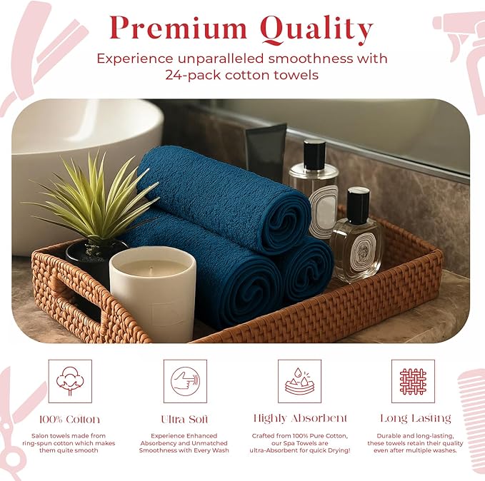 RIVERSIDE Pack of 24 Salon Towels Set – 16 x 26 Inches, 100% Ring Spun Cotton Highly Absorbent and Quick Dry Towels for Salon, Hand, Barber, Gym, Home & Hair Care, Navy