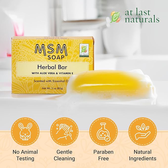At Last Naturals MSM Soap Bar Body Soap for Men and Women Fine Line Wrinkle Reduction Herbal Moisturizer with Aloe Vera Vitamin E Essential Oils Deep Cleansing for Sensitive Skin 3 Ounce (Pack of 1)